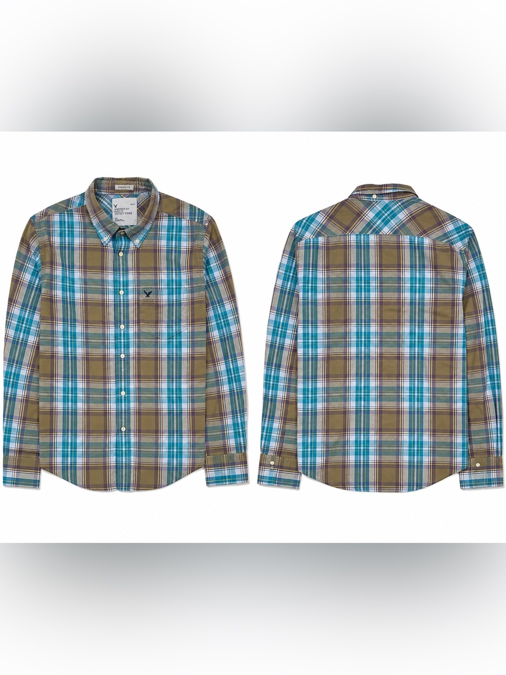 American Eagle Outfitters Olive & Teal Plaid Button-Down Shirt